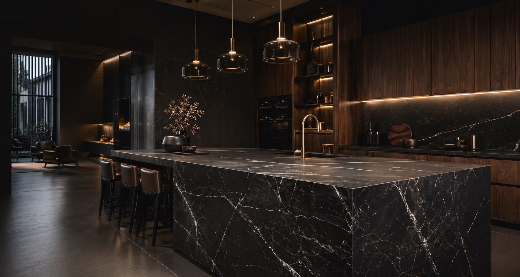 Plan de travail Dekton sombre avec lumière chaude